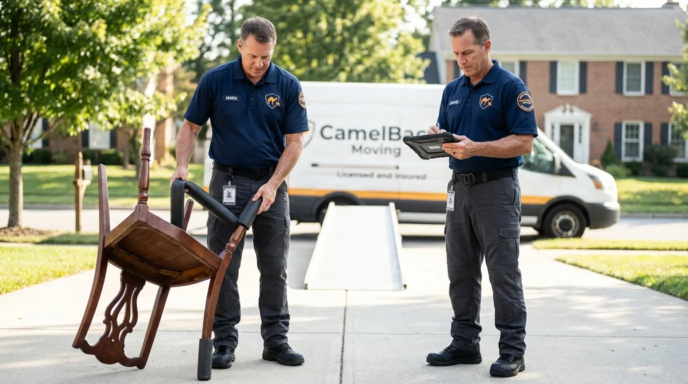 Movers inspecting furniture for damage prevention before loading in Jenkintown, PA