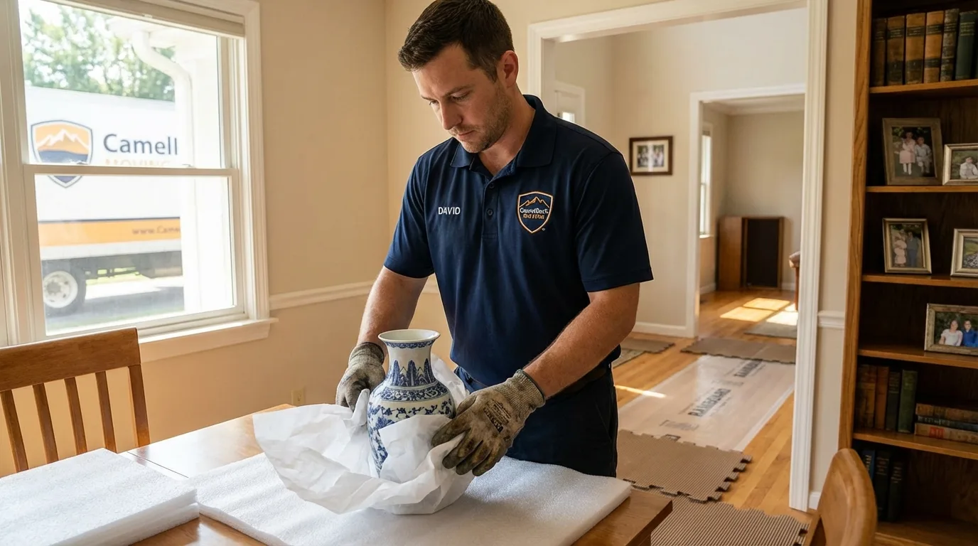 Professional crew carefully wrapping antique vase for senior downsizing move in Jenkintown, PA